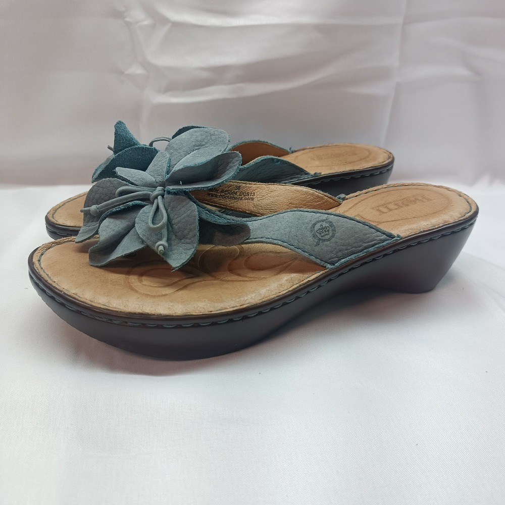 Born Womens 7/38 Teal Blue Leather Flower Flip Flop Wedge Sandals Casual Summer